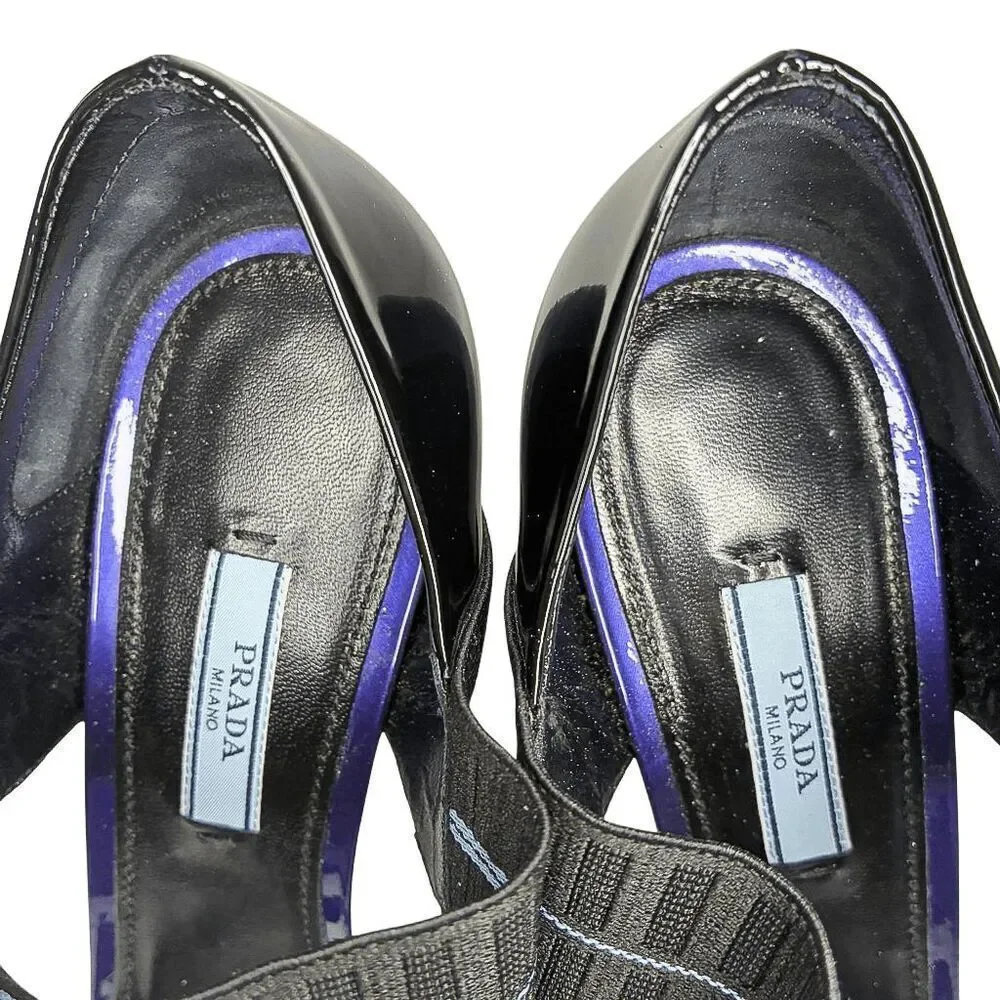 Prada Patent Leather Elastic Strap Sandals 93mm Heel Giacinto Size 39 Open Toe